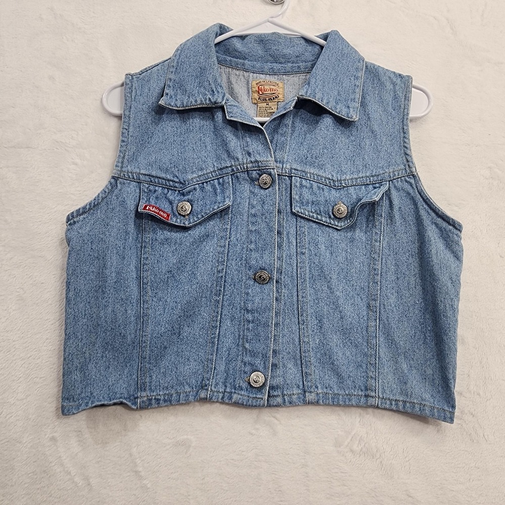Vintage Kikomo Denim Vest Women M Blue Button Front Western Collared Crop Casual
